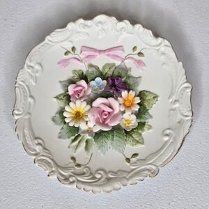 Lefton Wall Plate Decor White Pink 3D Floral Bow Gold Trim KW4743 Japan